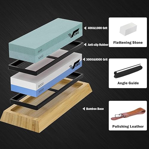 vuwo Pierre à Aiguiser - Japonaise Aiguiseur de Couteau Double Face Grain 400/1000 et 3000/8000 avec Base en Bambou Antidérapante, Guide d'Angle, Pierre à Aplatir, Lanière en Cuir, Support en silicone - Nail Gallerys