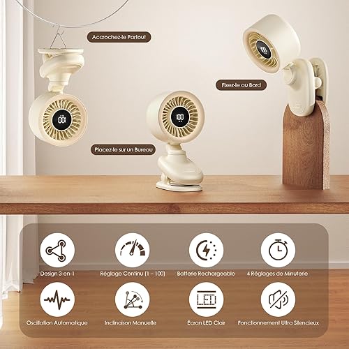 TRILINK Ventilateur à Pince – Mini Ventilateur de Bureau USB avec Batterie Rechargeable, Oscillation, Minuterie, Vitesse Réglable en Continu, Ultra Silencieux – Petit Ventilateur de Table Portable - Nail Gallerys