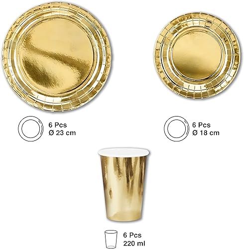 Decoraparty Set de vaisselle or pour anniversaire 6 personnes, décorations de table avec inscription Happy Birthday – 6 verres, 6 grandes assiettes, 6 petites assiettes, 20 serviettes, 10 pailles (48 - Nail Gallerys