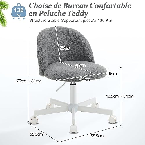 Bonnlo Chaise de Bureau Mignonne sans Accoudoirs, Petite Chaise Confortable, Chaise de Coiffeuse avec Support Lombaire, Chaise Pivotante Réglable pour Bureau, Chambre, en Teddy (Blanc) - Nail Gallerys