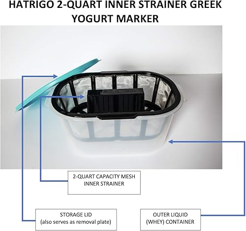 Hatrigo Yaourtière grecque de capacité intérieure de 2 litres avec panier à mailles extra fines en acier inoxydable, passoire à yaourt grec sans BPA (30,5 x 20,3 x 15,2 cm) - Nail Gallerys
