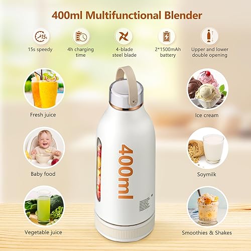 Ixdregan Bouteille de mixeur portable, mixeur électrique USB, mixeur de taille personnelle de 400 ml pour shakes et smoothies, mini mixeur pour voyage, maison, bureau, extérieur - Nail Gallerys