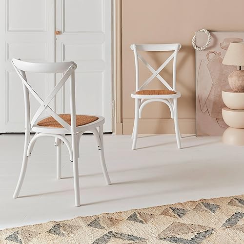 Alice's Home - Lot de 2 chaises de bistrot en Bois d'hévéa Blanc. Vintage. Assise en rotin. empilables - Nail Gallerys