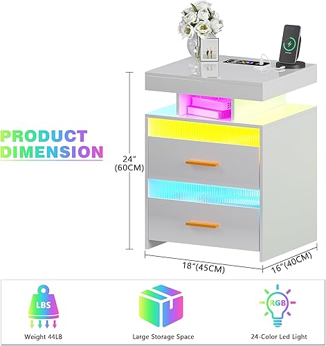 Lvifur Table de Nuit LED, avec tiroir caché, Table de Chevet de Chargement avec Port USB et Type-C, lumière à capteur Humain,Compartiment Ouvert et 2 tiroirs Blanc - Nail Gallerys
