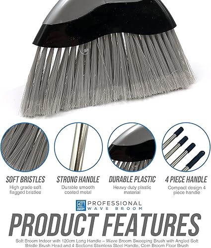 Balai doux d'intérieur avec manche de 120 cm de long – Brosse de balayage ondulée avec brosse à poils souples coudée et manche en acier inoxydable à 4 sections – Balai de maïs pour nettoyage des sols - Nail Gallerys