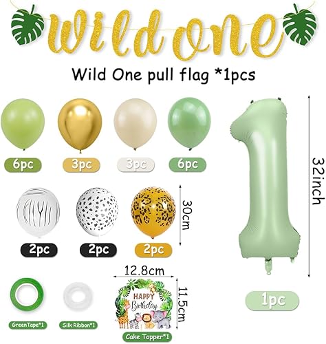 Décoration d'anniversaire Wild One, Jungle 1 an anniversaire Garçon Fille, Ballons Safari Premier Anniversaire, 1er Ballon Animal Vert Animaux de la Forêt pour Anniversaire Enfant - Nail Gallerys
