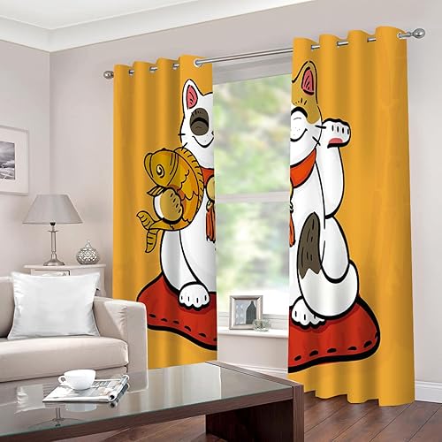 GSKOQD Lot De 2 Rideau Isolant Thermique À Oeillets 3D Impression Chat Porte-Bonheur Rideaux Occultants De Fenêtre Décoration Salon Rideau Isolant Phonique pour Chambre Enfant, 200X200Cm（L X H） - Nail Gallerys
