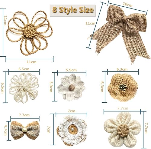 25 Pièces À La Main En Toile De Jute Naturelle Rose Fleurs Pour L'artisanat, Jute Ficelle De Jute Fleurs Et Perles Bow Décoration De Toile De Jute Rustique 8 Styles Avec 1 Rouleau De Ruban De Toile - Nail Gallerys