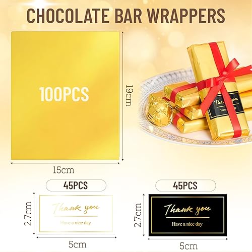 Yamobi 120 Pièces Emballages de Chocolat Or Papier Alimentaire 16x19cm pour Tablettes de Chocolat et Bonbons avec Autocollants Merci - Nail Gallerys