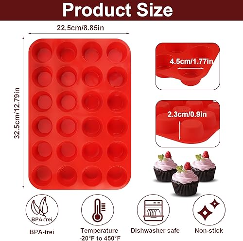 2 Pièces Moules à Muffins en Silicone, Moule Cupcake Muffins pour 24 Moules, Moule Mini Muffins Silicone, Antiadhésifs Moule Muffins, Passe au Lave-vaisselle, pour Cupcakes, Gâteaux (Rouge) - Nail Gallerys