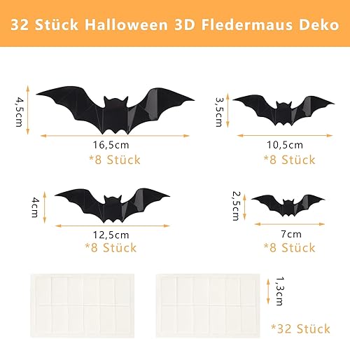 GoldRock Lot de 32 stickers muraux en 3D pour Halloween Motif chauve-souris en 4 tailles différentes en PVC imperméable Noir effrayant Amovible DIY - Nail Gallerys