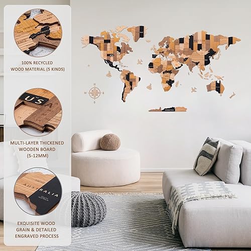 Carte du Monde en Bois 3D, Décor Mural Artistique Carte du Monde en Bois, Grande Carte du Monde en Bois Multicouche Multicolore pour Maison & Bureau, Cadeau pour Toutes Occasions, 150 x 85 cm - Nail Gallerys