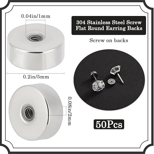 Beebeecraft 1 boîte de 50 pièces de Fermoirs à Vis et 304 écrous d'oreille Ronds Plats en Acier Inoxydable pour la Fabrication de Bijoux et de Boucles d'oreilles - Nail Gallerys