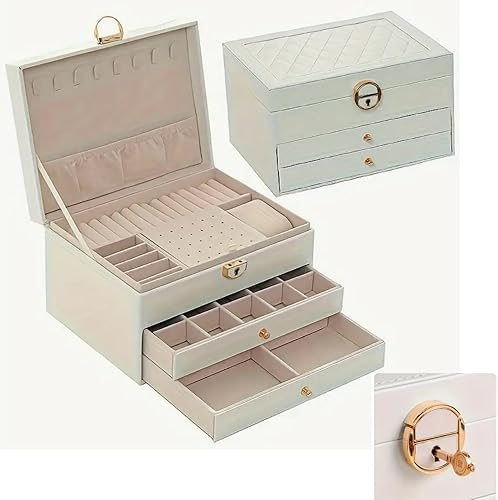 HealthyMoov Coffre à bijoux élégant luxe boîte de rangement organisateur simili cuir à clé (fournie) à 3 compartiments pour ranger colliers chaînes pendentifs boucles d'oreilles bagues Blanc - Nail Gallerys