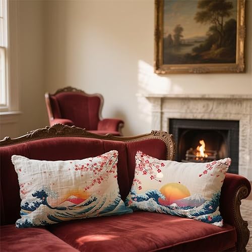 Housse Coussin 70x90 Lot de 2, Japon Housse de Coussin Flots Double Face Impression Rectangulaire Impermeable Lin Taie Oreiller avec Fermeture Eclair Caché pour Exterieur Decoration Salon Cadeau X-171 - Nail Gallerys