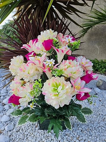 Roselynexpress Composition De Fleurs Artificielles Lesté Ciment en Jardinière, pour Cimetière. Réalisé par nos Soins, Fleurs de Qualité. - Nail Gallerys