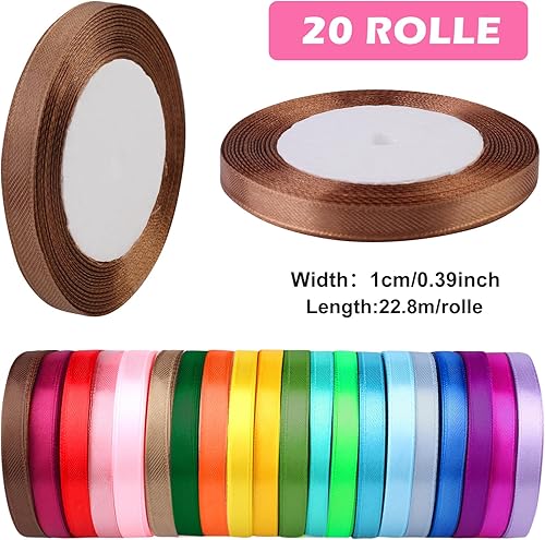 Vegena 20 Couleurs Ruban Satin, 10mm x 22m - Polyester, Satin - Blanc, Bleu, Jaune, Rouge, Vert - Uni - Occasions Spéciales - Emballage, Décoration de Mariage, Ballons, Nœuds, Artisanat - Nail Gallerys