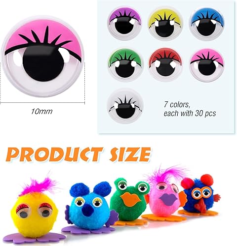 TOAOB Lot de 210 yeux meubles autocollants avec cils 10 mm coloré sécurité plastique yeux autocollants pour bricolage artisanat scrapbooking poupées marionnettes accessoires - Nail Gallerys