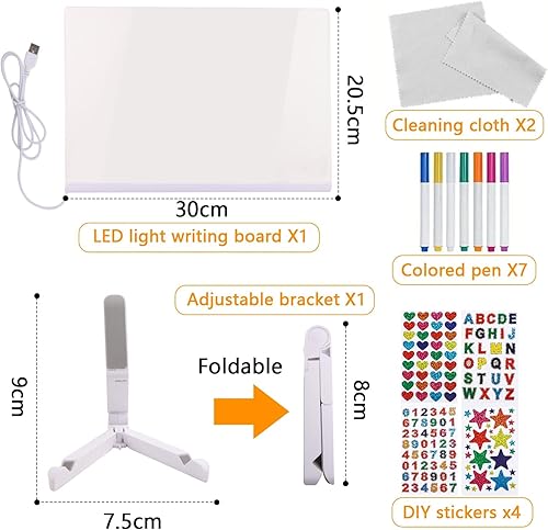 JaneYi Tableau Lumineux LED Dessin Enfant 30x20cm avec Lumière Chaude Tablette à Dessin Lumineuse LED Tableau Lumineux Message Réutilisable avec 7 Stylos Stickers Cadeau Créatif pour Fille Garçon - Nail Gallerys