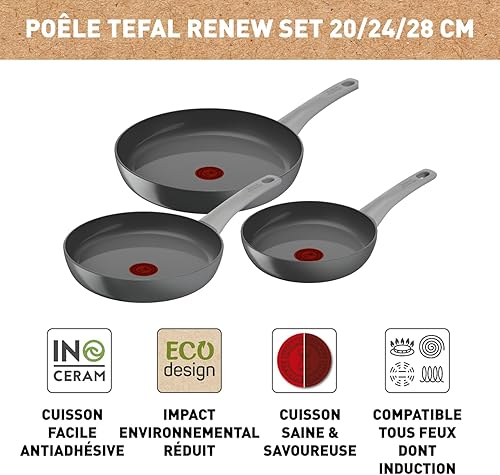 Tefal Lot de 3 poêles 20/24/28 cm, Induction, Revêtement antiadhésif céramique, Indicateur de cuisson Thermo-Signal, Eco-conception, Cuisson saine, Fabriqué en France, Renew On C4279132 - Nail Gallerys