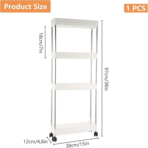 AKOLAFE Chariot de Cuisine Étroit Blanc - 38 x 12 x 97 cm - Étagère de Niche de 12 cm - 4 Niveaux de Rangement - Petite Étagère de Cuisine / Salle de Bain - Nail Gallerys