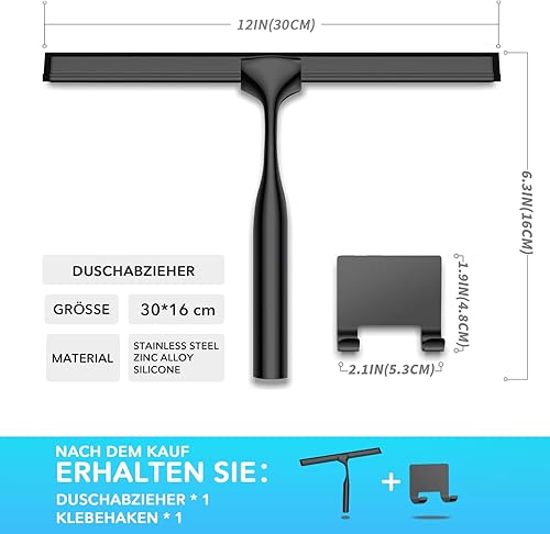 COFTCLMOMT Raclette de douche portable de 30 cm avec crochets auto-adhésifs en acier inoxydable pour salle de bain - Noir - Nail Gallerys