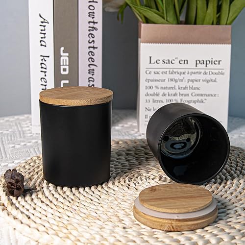 R FLORY 7+7 oz Lot de 2 pots à bougie en verre épais avec couvercles en bambou Porte-bouteilles de salle de bain pour vanité Stockage des cotons-tiges (noir mat) - Nail Gallerys