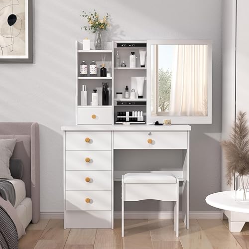 Karelwui 6 tiroirs Table de Maquillage Miroir Coulissant avec étagères Ouvertes, Bureau vanité Blanche pour Chambre, Coiffeuse Moderne et Tabouret, Espace Rangement Blanc - Nail Gallerys