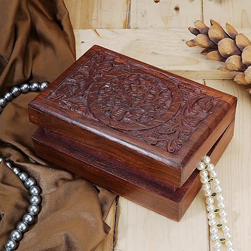 Ajuny Coffret à Bijoux Décoratif en Bois Fabriqué à la Main Motif Arbre de Vie Sculpté Coffre au Trésor Polyvalent Fait à la main Porte Organisateur de Rangement pour Cadeau - 7 x 5 pouces - Nail Gallerys