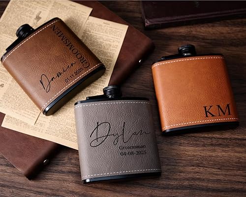 Flasque personnalisée de 177 ml en cuir avec gravure en acier inoxydable pour témoin de marié, cadeau de mariage, logo personnalisé - Nail Gallerys