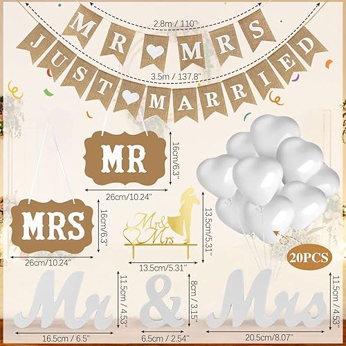 QINERSAW Set Décoration Mariage - Bannière Just Married, Lettres Mr & Mrs, Ballon Blanc, Cake Topper - Décorations de Table et Fête - Nail Gallerys
