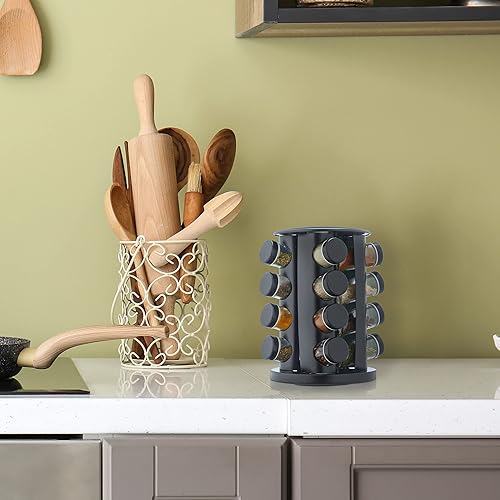 Relaxdays Tourniquet à épices avec 16 Pots en Verre, Rotatif, Embouts tamiseur, remplir, pour la Cuisine, Noir - Nail Gallerys