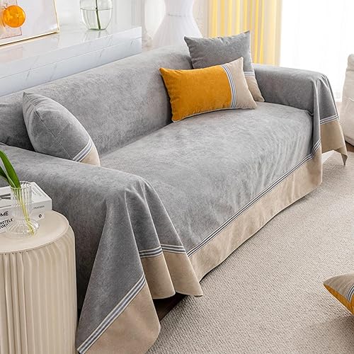 Couverture de Jet en Chenille pour Fauteuil de canapé,Housse de canapé imperméable Moderne Simple de Couleur Unie entièrement recouverte,Gris Sarcelle Marron Jaune,Tapis antidérapant,C-200 * 380cm - Nail Gallerys