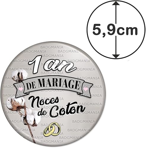 Badgmania Magnet Aimant 5.9cm | Anniversaire 1 an de Mariage Noces de Coton | Diamètre 5.9cm | Anneaux Mariage - Nail Gallerys