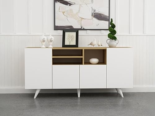 Vente-unique - Buffet avec 4 Portes et 3 niches - Blanc et Naturel - MOSTIA - Nail Gallerys