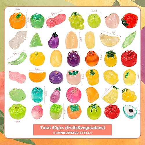 60 pcs Mini Figurines Lumineuses Fruits Légumes, VEINARDYL Résine Miniatures Artificielles Fruits Légumes Brillent dans Le Noir, Décoration Alimentaire Miniature Fausse l'Artisanat DIY Jardin Maison - Nail Gallerys