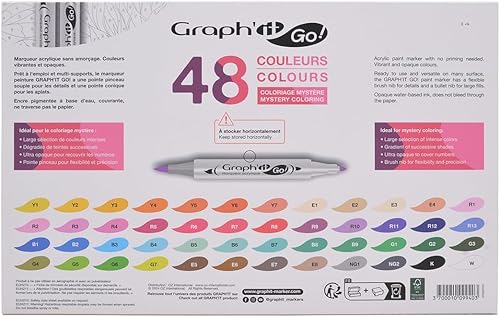 GRAPH’IT GO Set de 48 Marqueurs acrylique double pointes - Pointe pinceau et ogive - Encre à base d’eau - Tout support - Assortiment de couleurs pour Coloriage Mystère - Nail Gallerys