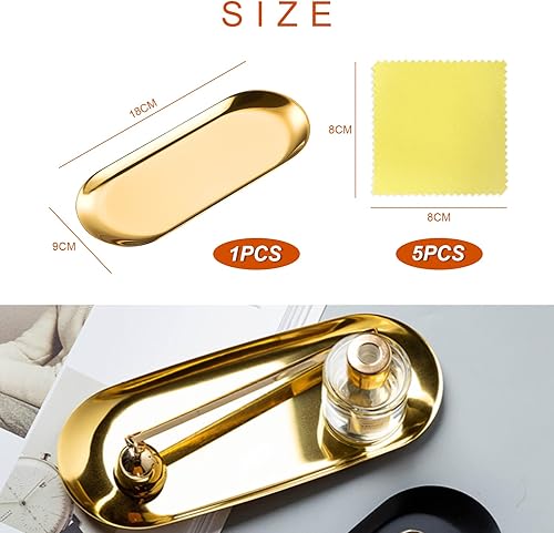 1 plateau à bijoux doré en acier inoxydable, porte-bijoux, plateau à bijoux, rangement de cosmétiques, rangement de commode, ne se déforme pas facilement et 5 chiffons à râper argentés - Nail Gallerys