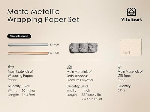 Vitalizart Papier Cadeau Métallisé Doré 43 cm avec 3 Rouleaux de Rubans Noirs et 6 Étiquettes Cadeaux, Ensemble de Papier Cadeau de Luxe Imperméable pour Anniversaire, Mariage et Noël - Nail Gallerys