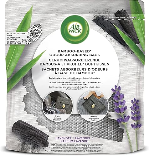 Air Wick Sachets Absorbeurs d'Odeurs à Base de Bambou, au Charbon Naturel et aux huiles Essentielles de Lavande, pour Armoire, Voiture, Chaussure et Sac de sport – Lot de 6 sachets désodorisant x 60g - Nail Gallerys
