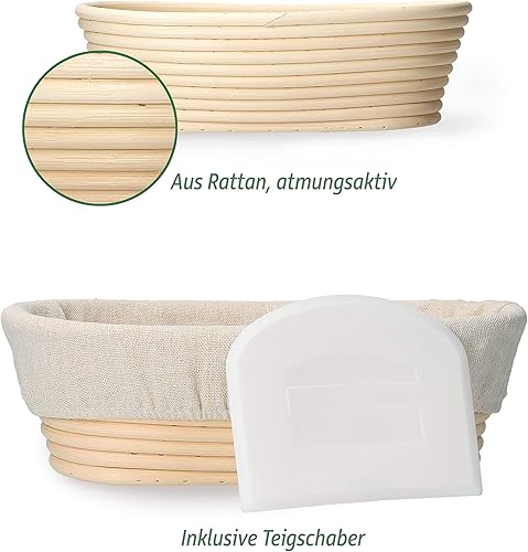 malcasta Panier de fermentation ovale - Avec spatule et insert en lin - En osier naturel (35 x 15 x 8 cm) - Nail Gallerys