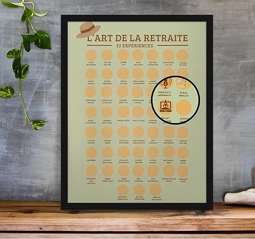 Cadeau retraite femme/homme - Poster à gratter vive la retraite - Format A3 - Encre à gratter dorée agréable et sans traces - 52 activités à faire à la retraite - Idée décoration retraite - Nail Gallerys