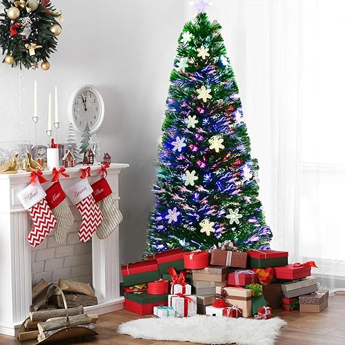 DREAMADE Sapin de Noël Artificiel avec Flocon de Neige 90CM/120CM/150CM/180CM, avec Lampes à LED et Etoile au Sommet d’Arbre, Pieds en Fer et Feuilles en PVC, Décoration pour Noël Vert (150cm) - Nail Gallerys