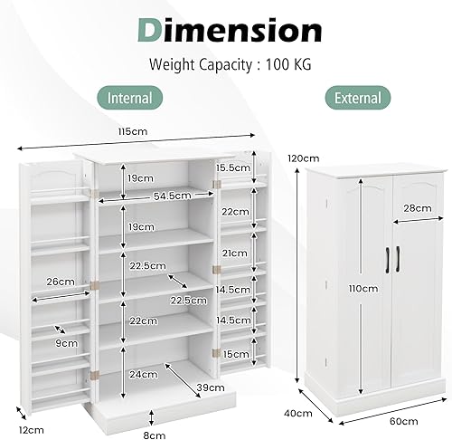 GIANTEX Buffet de Cuisine Moderne avec 2 Portes, 16 Étagères Réglables, Dispositif Anti-basculement, pour Salle à Manger, Salon (60 X 40 X 120 CM) (Blanc) - Nail Gallerys