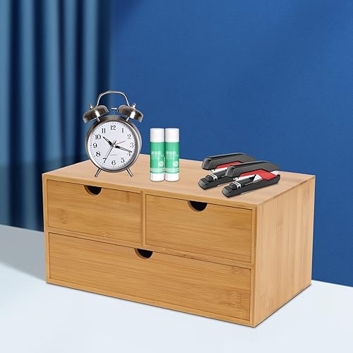 Organisateur de bureau en bambou avec 3 tiroirs - Boîte de rangement rectangulaire en bois durable - Boîte de rangement pour bureau, maison, toilettes - Nail Gallerys