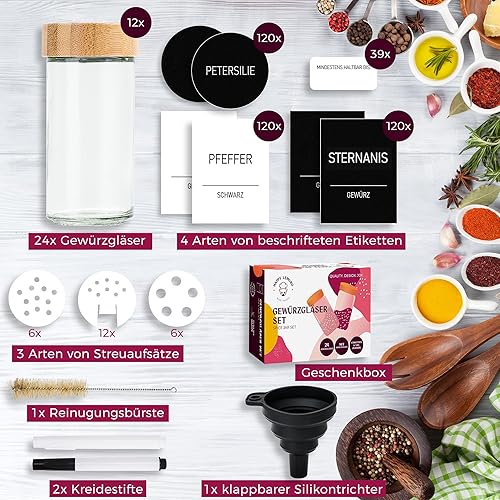 Happy Lemuro Lot de 24 Pots à Épices Ronds [12 x 100 ml] Avec 399 Étiquettes, Couvercles en Bambou | Récipient Avec Couvercles en Bois et Nombreux Accessoires - Nail Gallerys