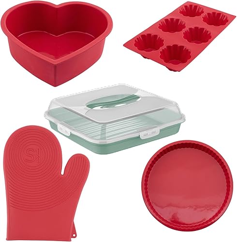Ensemble de Cuisine en Silicone 5 pièces – Moule en Forme de Cœur, Moule à Tarte Classique, Moule 6 Cavités pour Muffins, Mitaines de Four Chef et Boîte de Transport pour Gâteau - Écologique - Nail Gallerys