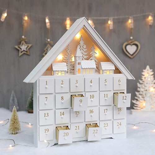 Pioneer Effort Calendrier de l'Avent en bois blanc avec 24 tiroirs et lumières LED (grand) 40,6 x 45,7 x 6,8 cm) - Nail Gallerys