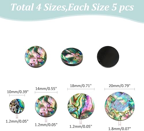 WADORN 4 tailles Coquille D'Ormeau Cabochons, 20 pièce 10/14/18/20mm Perles Rondes en Coquille Ormeau Naturel Sans Trou Amples Sans Trou Cabochons en Pierre Paua Colorée pour la Fabrication de Bijoux - Nail Gallerys