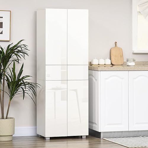 HOMCOM Armoire Cuisine Buffet de Cuisine Haut Meuble de Rangement avec 4 Portes Ouvertes par poussée, 2 tiroirs et des étagères réglables Style Moderne 60 x 35 x 170 cm Blanc laqué - Nail Gallerys